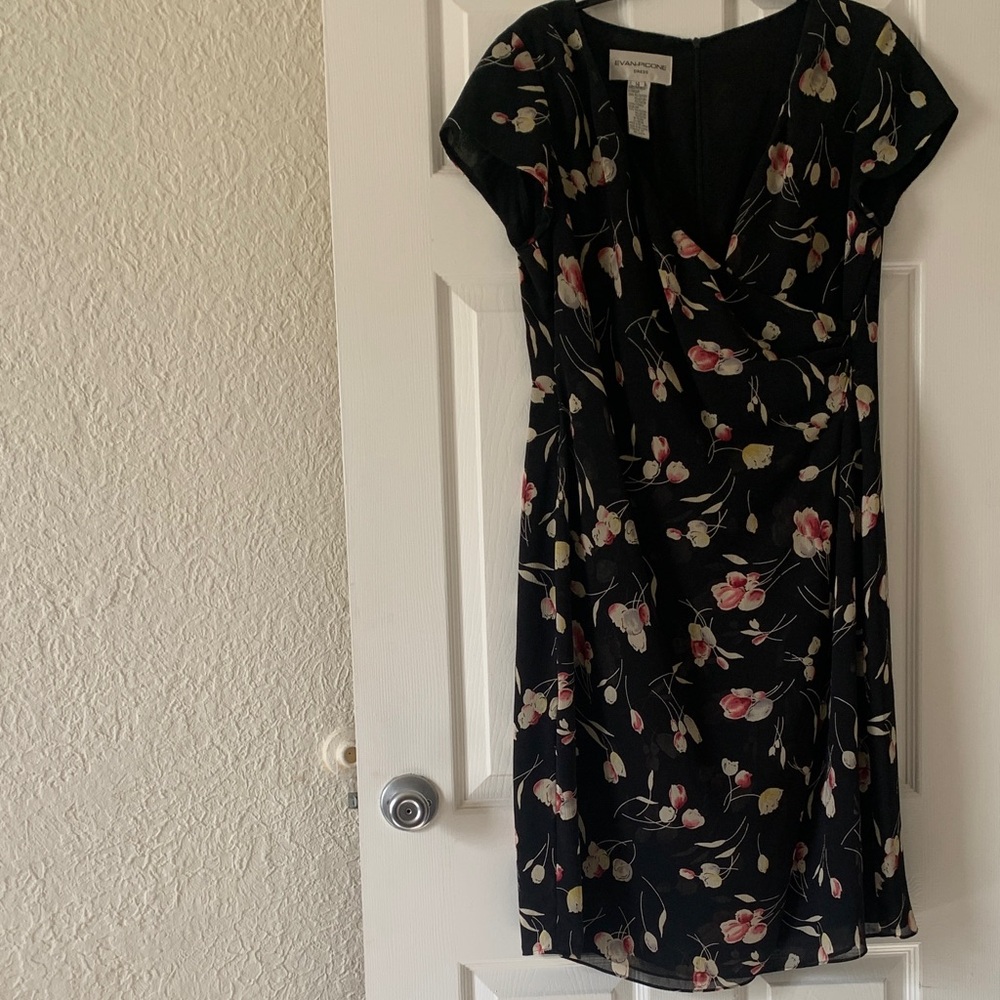 Evan Picone Black Floral Midi Dress with Pink and Cream Blooms